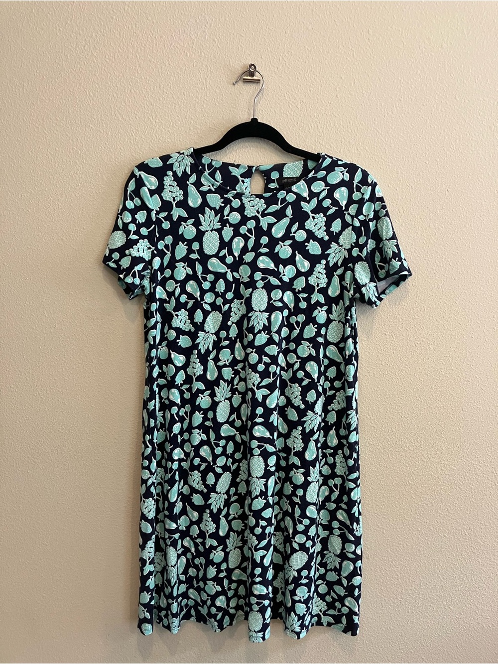 J. Jill Wearever Collection Navy Blue Dress with Mint Green Fruit Print